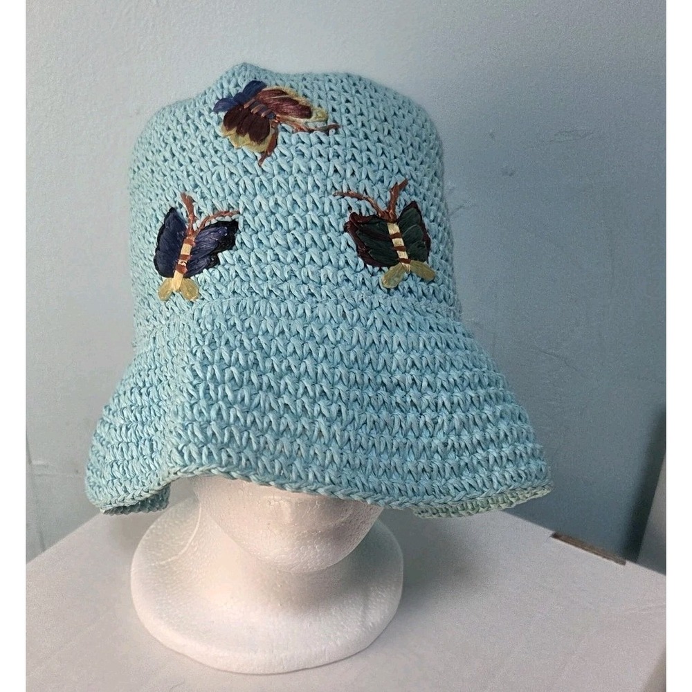 Scala Girl Teal Blue 100% Paper‎ Straw Hat Butterflies One Size
